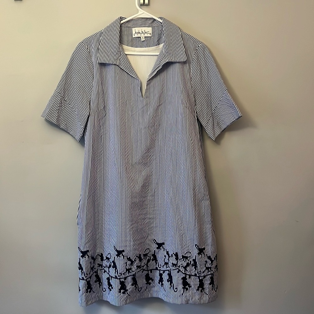 Nicole Miller Studio Blue White Striped Shirt Dress Embroidered Monkeys Size 10